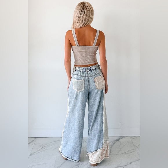 NWT POL Patchwork Crochet Boho Floral Print Wide Leg Relaxed Fit Denim Jean Pant - Picture 8 of 11